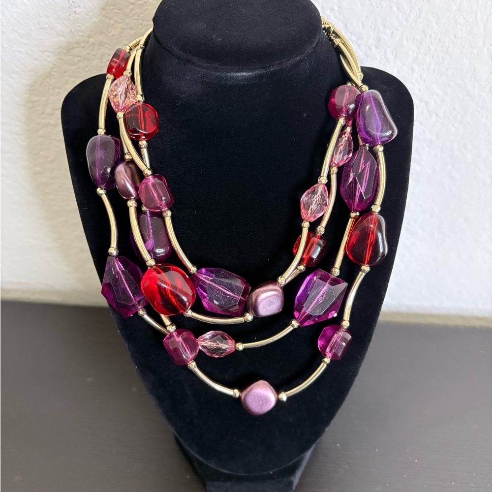 Napier strand gold toned metal tube red beads statement necklace Gaudy clunky PO